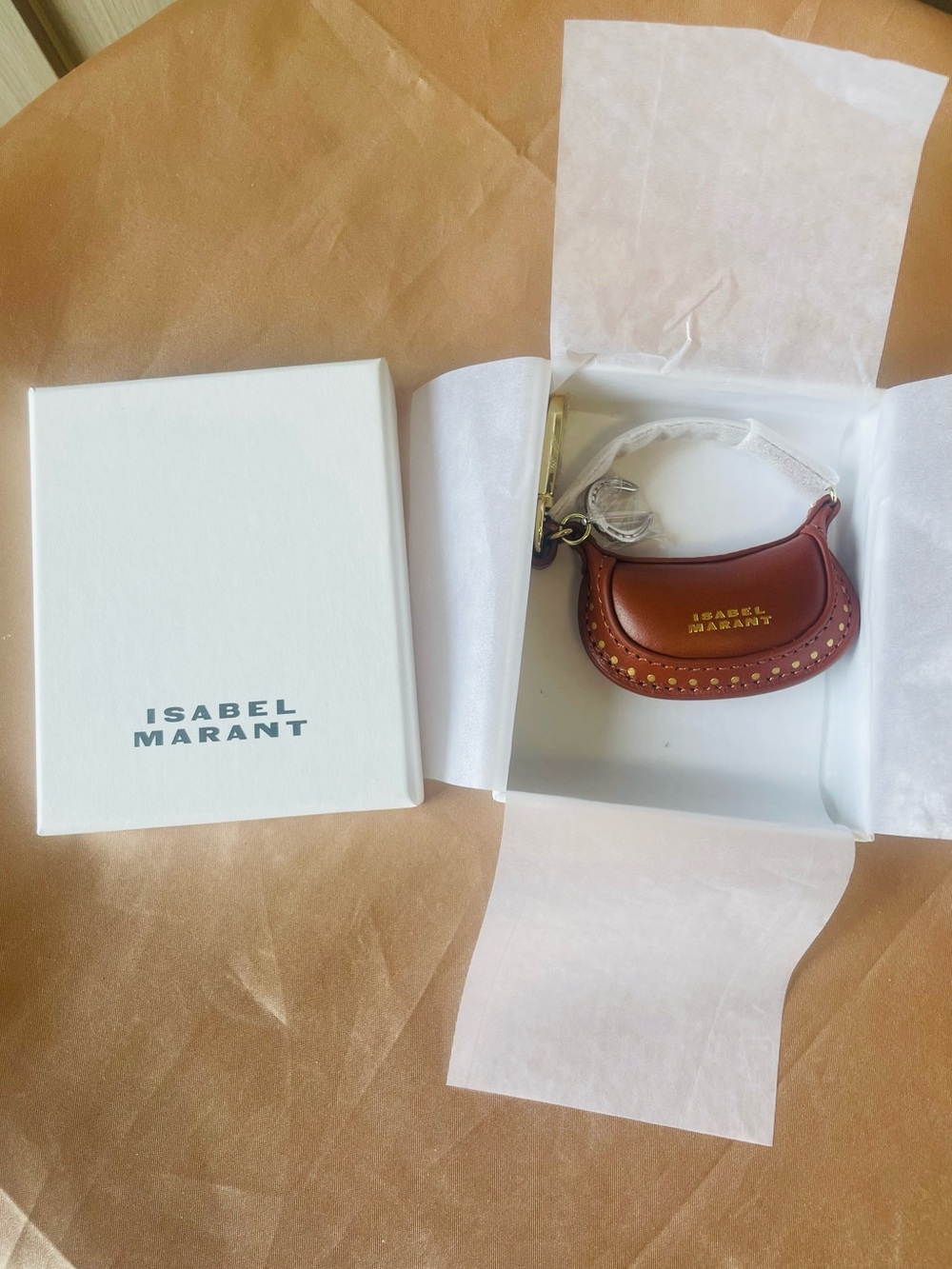 Isabel Marant Brown Leather Mini Saddle Keychain/ Bag Charm with Gold Studs